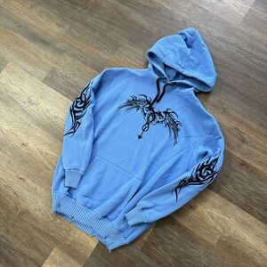 Y2K Style Current Mood Blue Dragon Hoodie Sz L Embroidered Goth Grunge